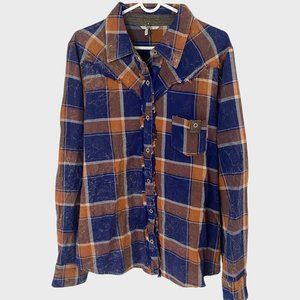 BKE Button-Up Fitted Flannel Shirt Women XL Orange And Blue Plaid Long Sleeve